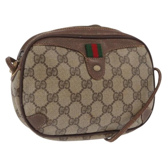 Authentic GUCCI GG Supreme Web Sherry Line Bag PVC Beige Gold 156 02 066